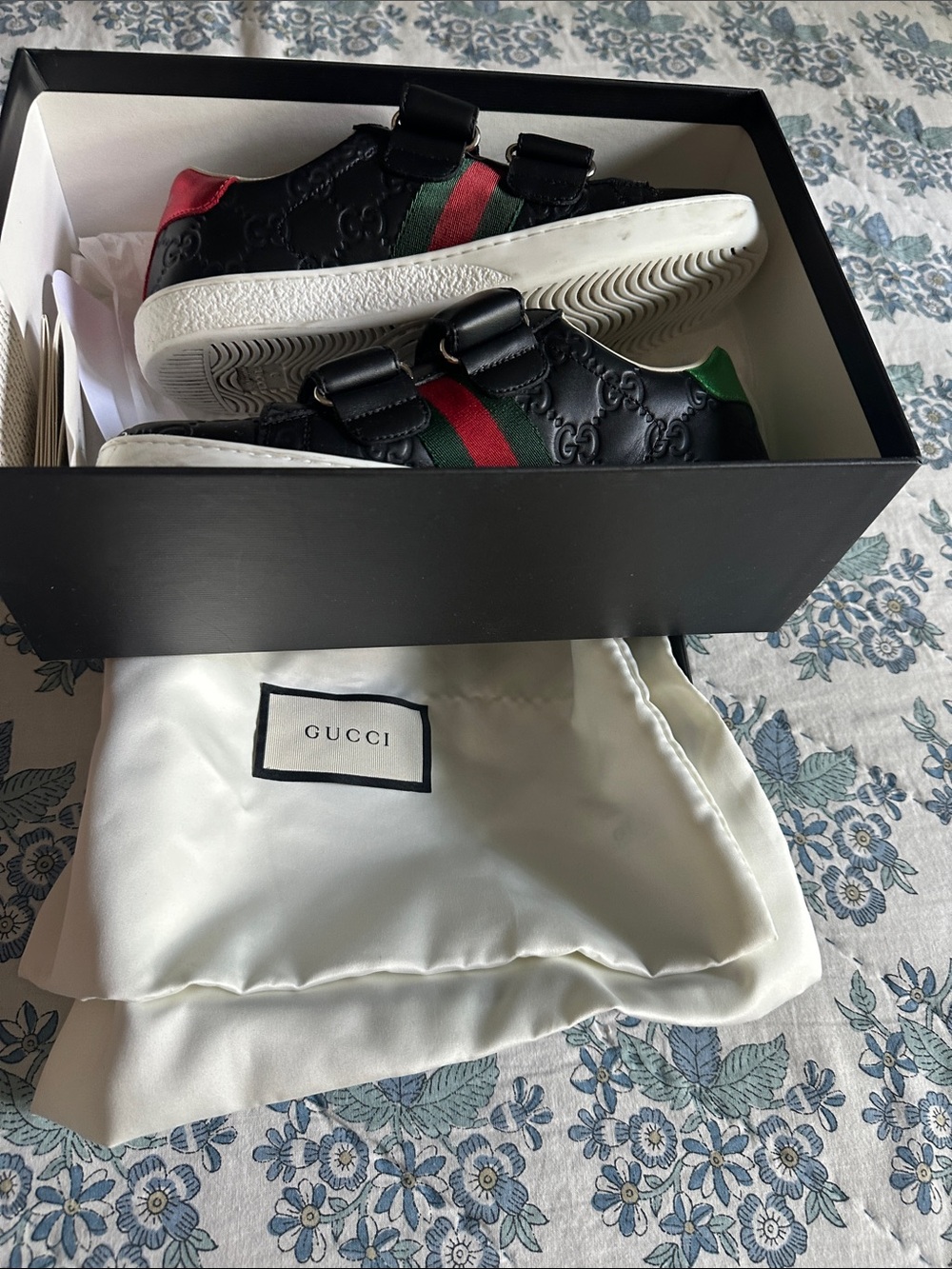 Kids Gucci Black GG Leather Sneakers with Red & Green Web Stripe
